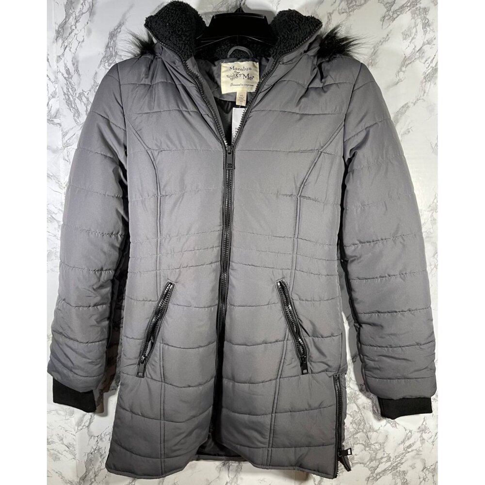 Maralyn & Me Womens Juniors Long Puffer Coat With Faux Fur Hood & Side Zippers